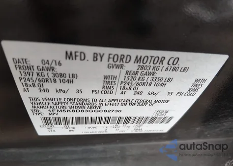 2016 Ford Explorer Xlt z USA, uszkodzony, nr VIN 1FM5K8D83GGC82730